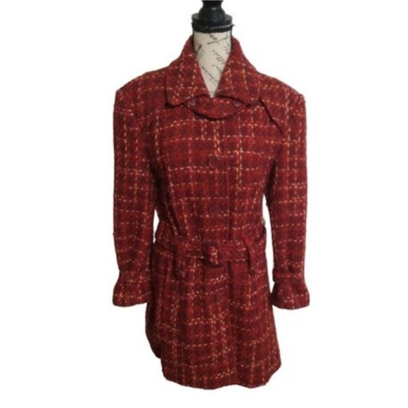 Charles Klein wool red plaid  belted coat 8p Boho Hippie Feminine - Picture 1 of 10